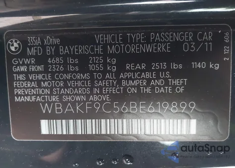 2011 BMW 335I xDrive z USA, uszkodzony, nr VIN WBAKF9C56BE619899